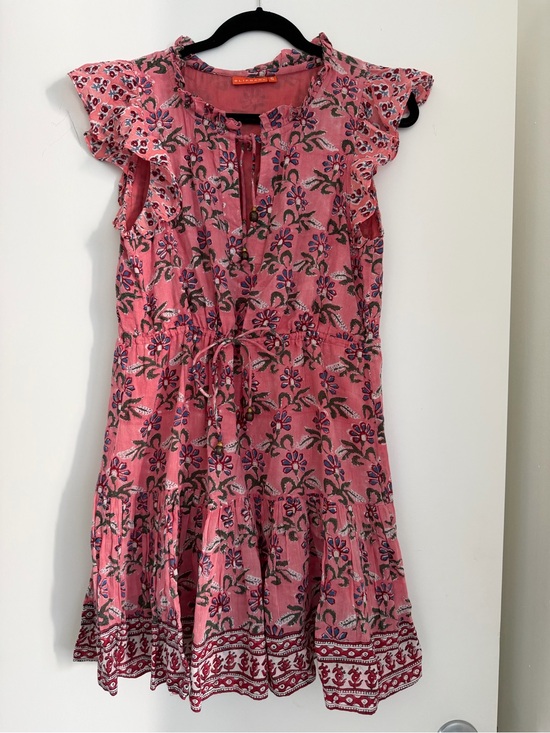 Oliphant Dresses & Skirts - Oliphant Pink Floral Cinched-waist mini dress with short flutter sleeves.